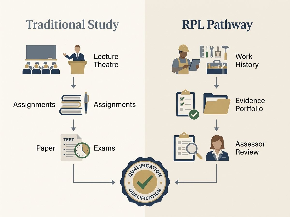 Diagram comparing Traditional Study and RPL pathways, both leading to the identical AQF qualification