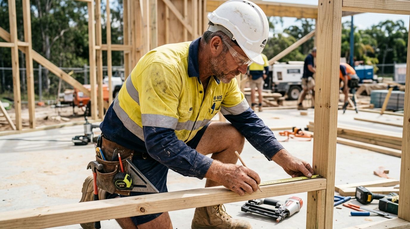 Experienced carpenter working on a timber frame in Queensland, highlighting hands-on trade skills