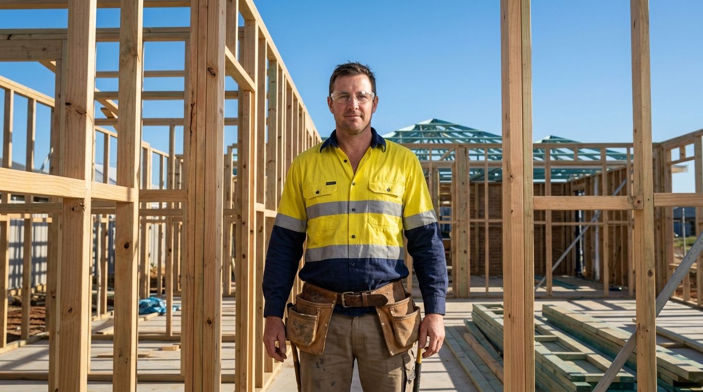 Experienced carpenter on a residential timber framing site in Western Australia