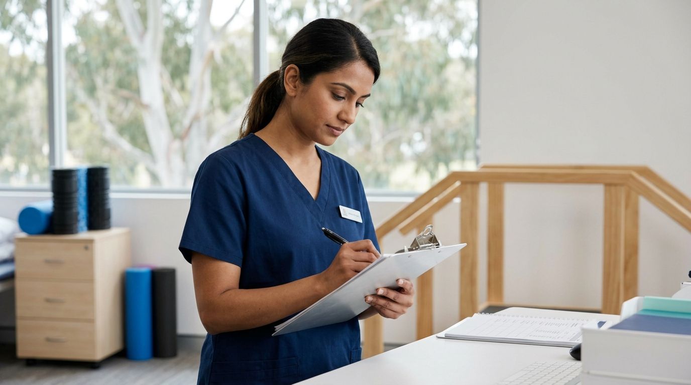 Overseas-trained nurse in scrubs reviewing medical documents in an Australian clinical setting