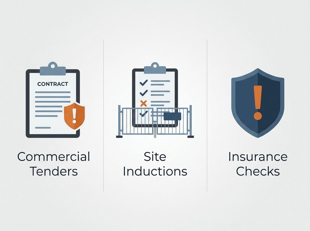 Diagram showing three concrete licensing friction points: tenders, site inductions, and insurance checks.
