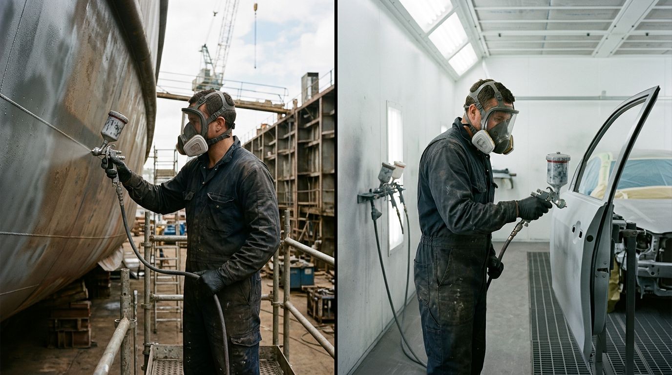 Split screen of a spray painter coating a marine vessel hull and an automotive door panel with identical technique.