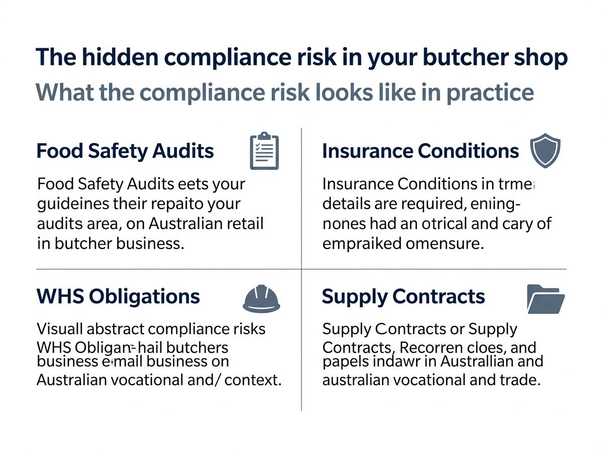 Compliance risk grid for retail butchers: food safety audits, insurance, WHS obligations, and supply contracts.