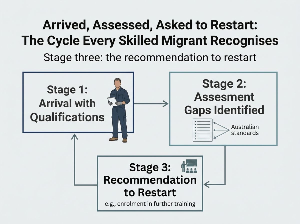 A clean diagram showing the three-stage cycle skilled migrants face: arrival, assessment identifying gaps, and restarting.