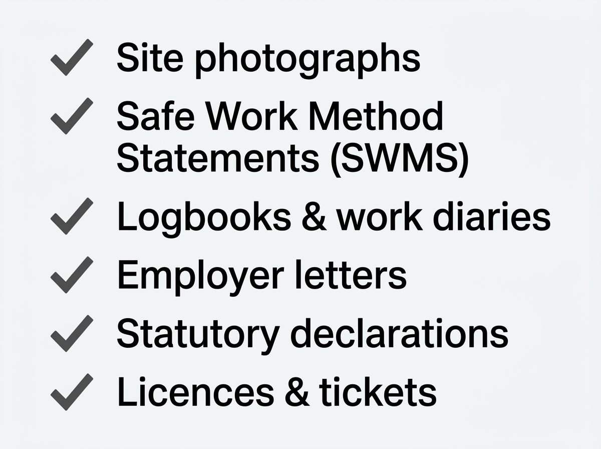 Checklist of common RPL evidence types including site photos, SWMS, logbooks, and employer letters.