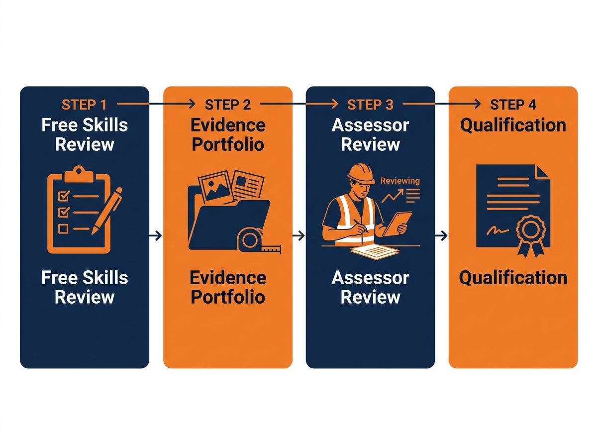 Four-step RPL process flow chart for Australian tradespeople from initial skills review to qualification.