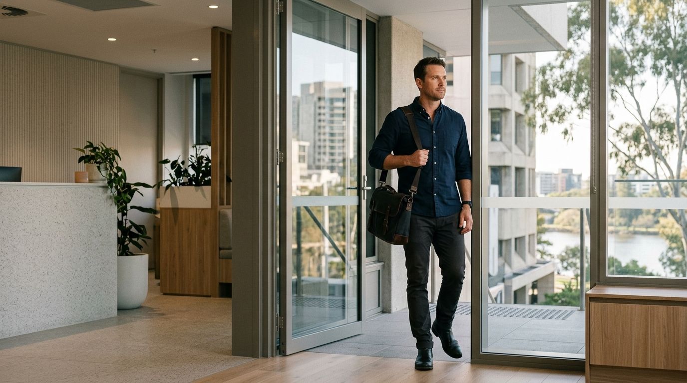 A professional in civilian clothing standing in an office doorway, representing career transition into private security.