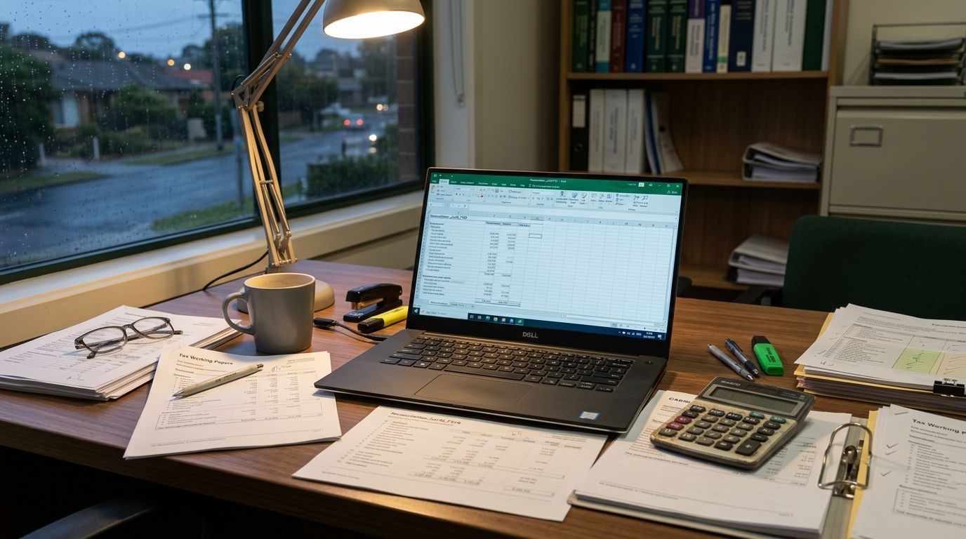 A professional accounting desk setup with a laptop spreadsheet, ledger, and calculator during EOFY.