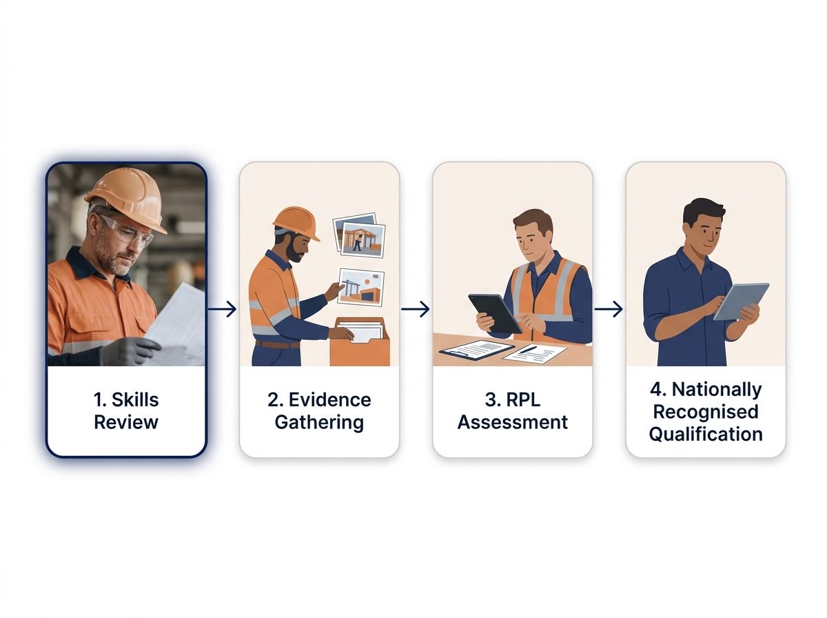 Four-step RPL pathway flow showing skills review, evidence gathering, assessment, and qualification.