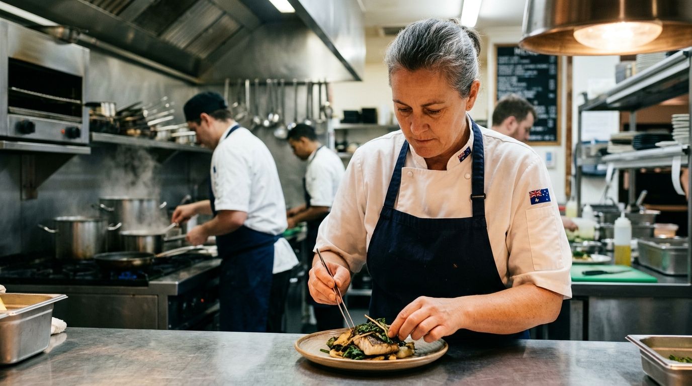 Experienced Australian cook in professional uniform plating meals at a busy commercial kitchen pass.