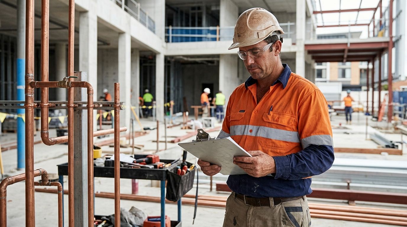 Experienced plumber in high-vis reviewing compliance paperwork on a commercial construction site