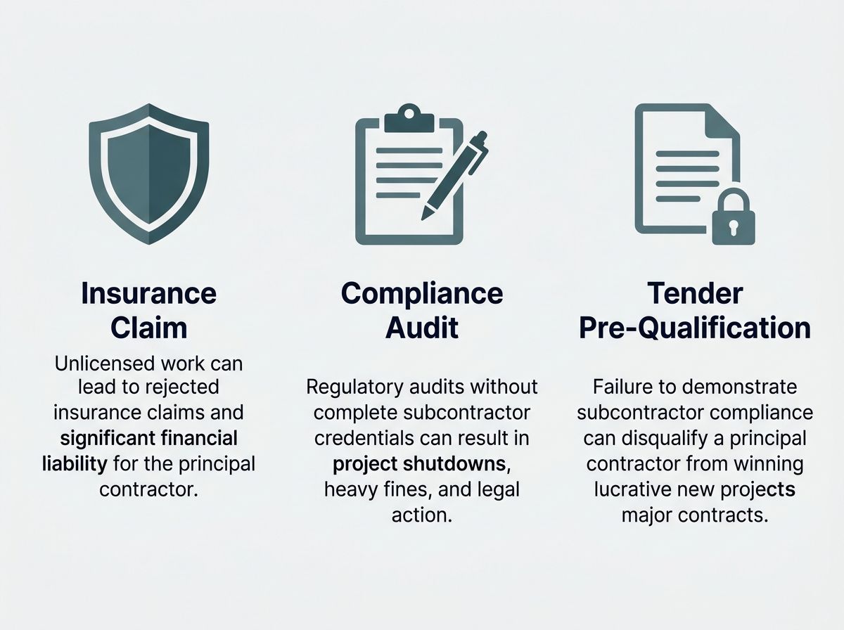 Three operational events where undocumented subcontractors trigger compliance crises for principal contractors.