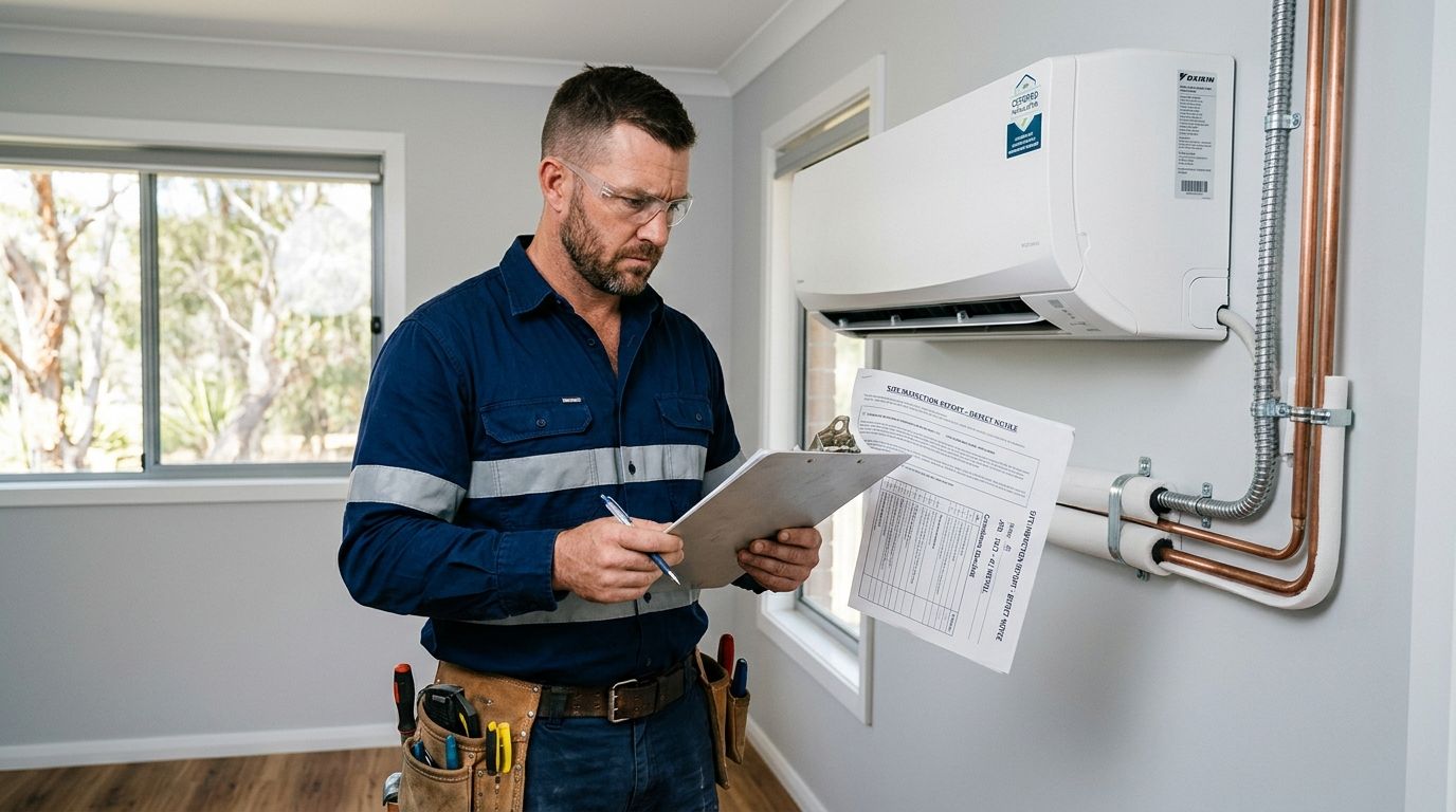Australian tradesperson reviewing compliance paperwork next to a split system installation.