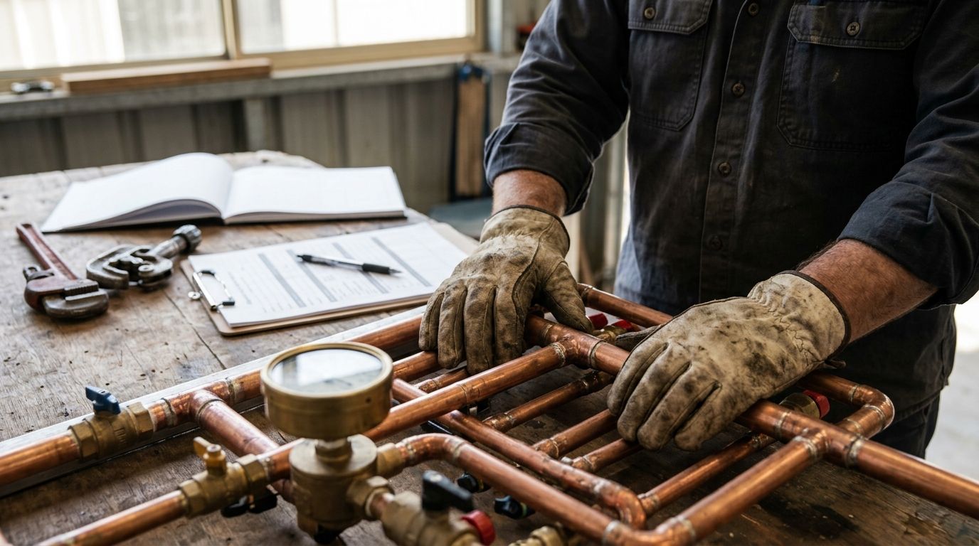 Plumbing copper pipes and pressure gauge with a compliance document in the soft-focus background