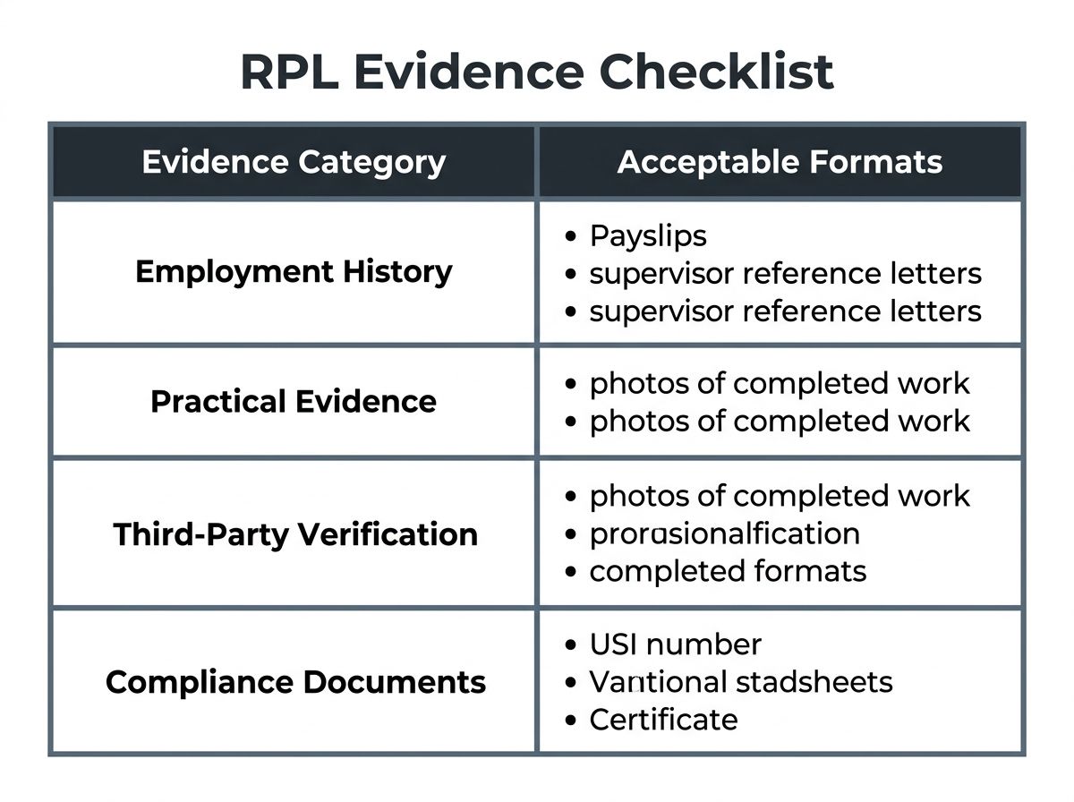 Table layout showing four categories of evidence required for an RPL skill assessment checklist.