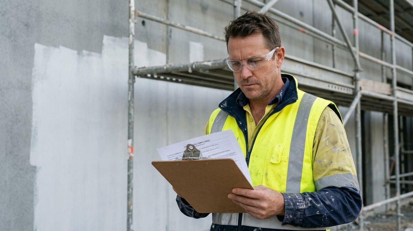 An experienced Australian painting contractor on a commercial job site reviewing compliance paperwork.