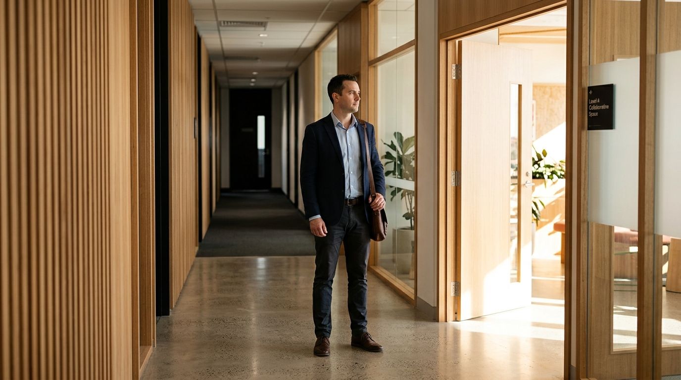 Australian professional standing at a career pathway fork, with an open door representing RPL recognition ahead