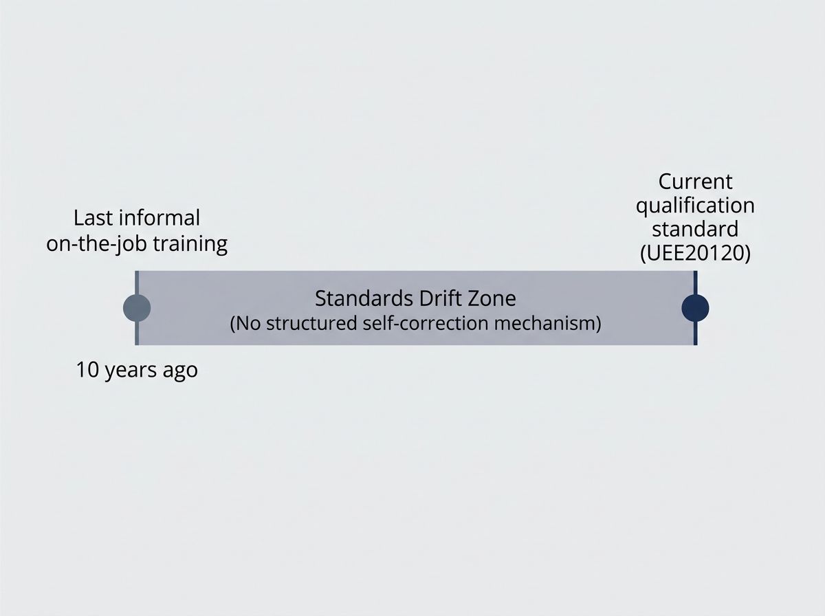Infographic timeline illustrating the concept of standards drift zone over ten years of informal training