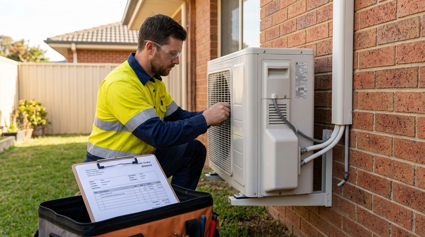Australian tradesperson installing a split system outdoor unit alongside a sub-contractor invoice.