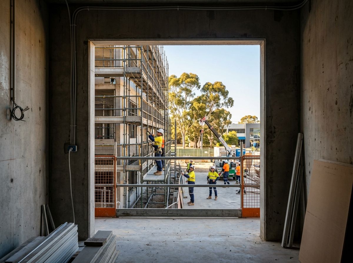 An open concrete doorway looking out to an active commercial construction site in South Australia