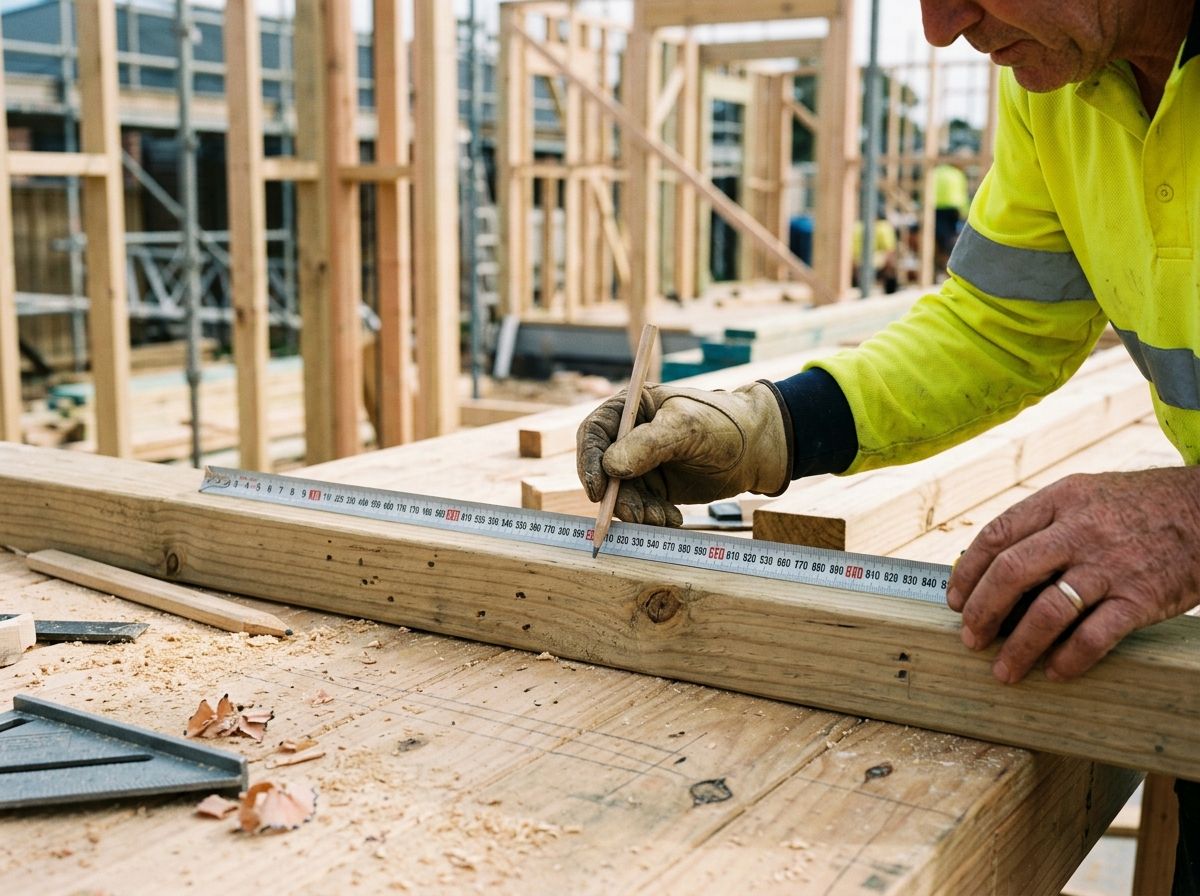 Close-up of a carpenter measuring and setting out timber framing on a residential building site