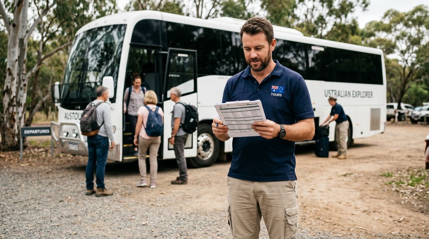 Experienced Australian tourism professional coordinating travel logistics at a tour departure point