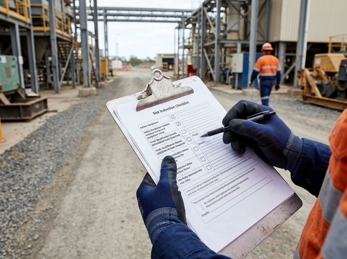 A close-up of an industrial site induction checklist highlighting the trade qualification code field.