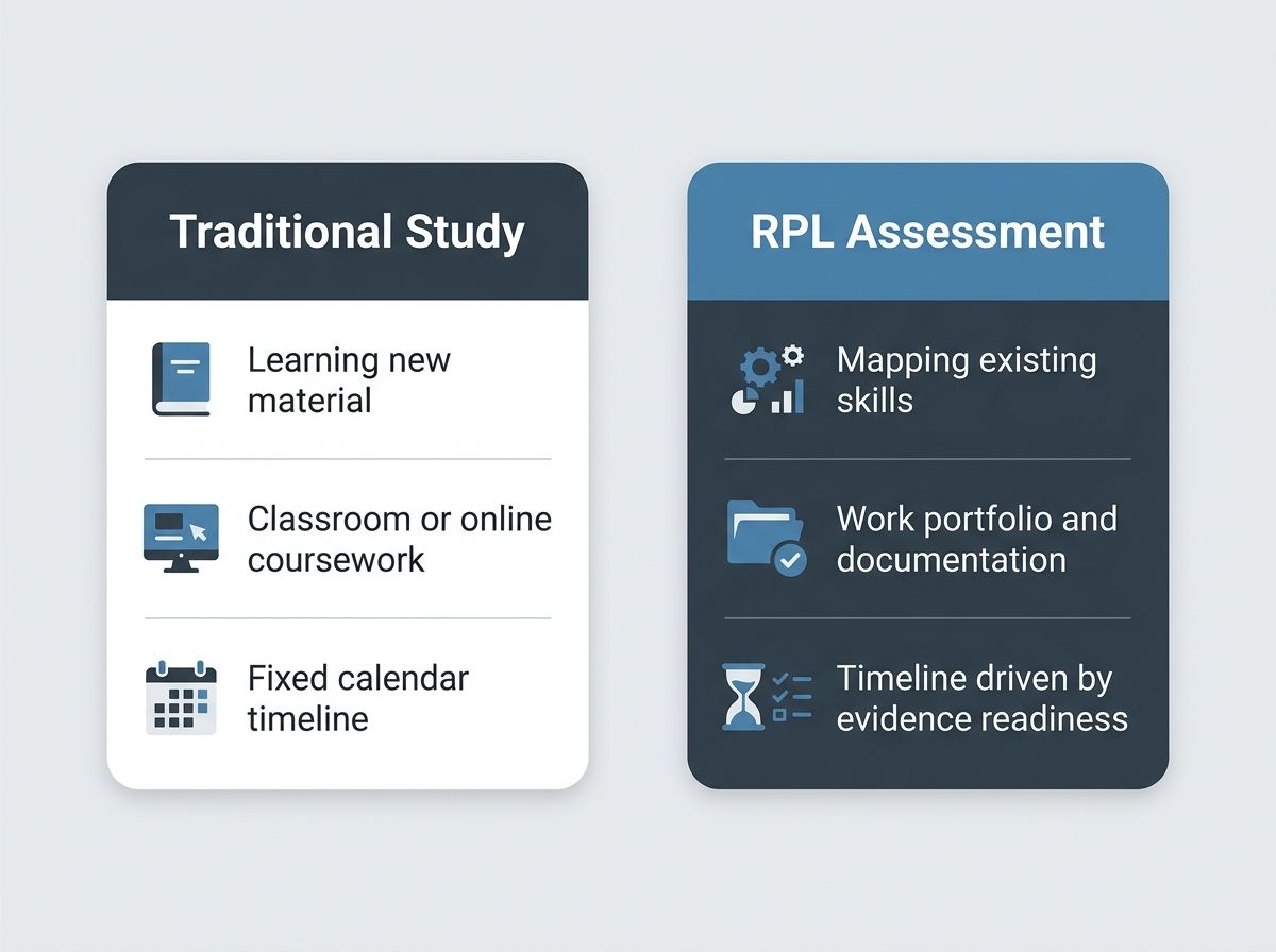 Comparison diagram showing structural differences between traditional study and RPL assessment