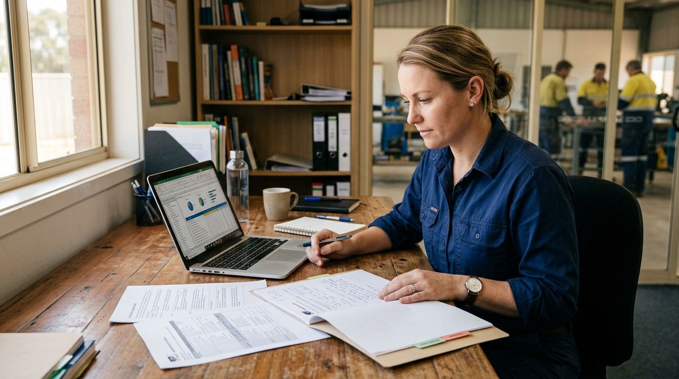Australian trainer reviews training portfolio and lesson plans at a professional desk