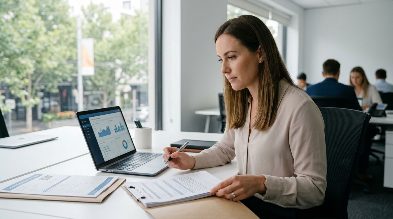 Australian finance administrator reviewing loan documents at a modern office desk