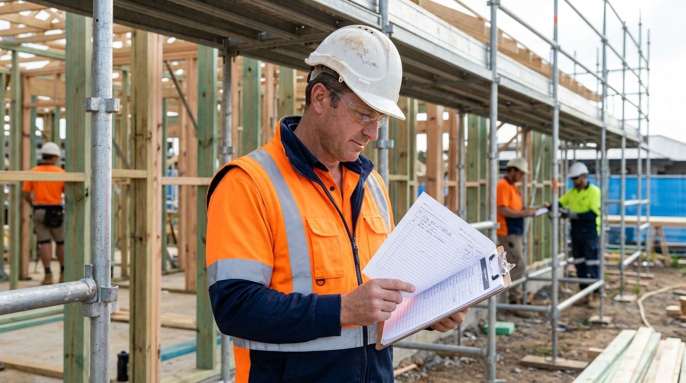 Australian construction site supervisor reviewing site documentation on an active building site.