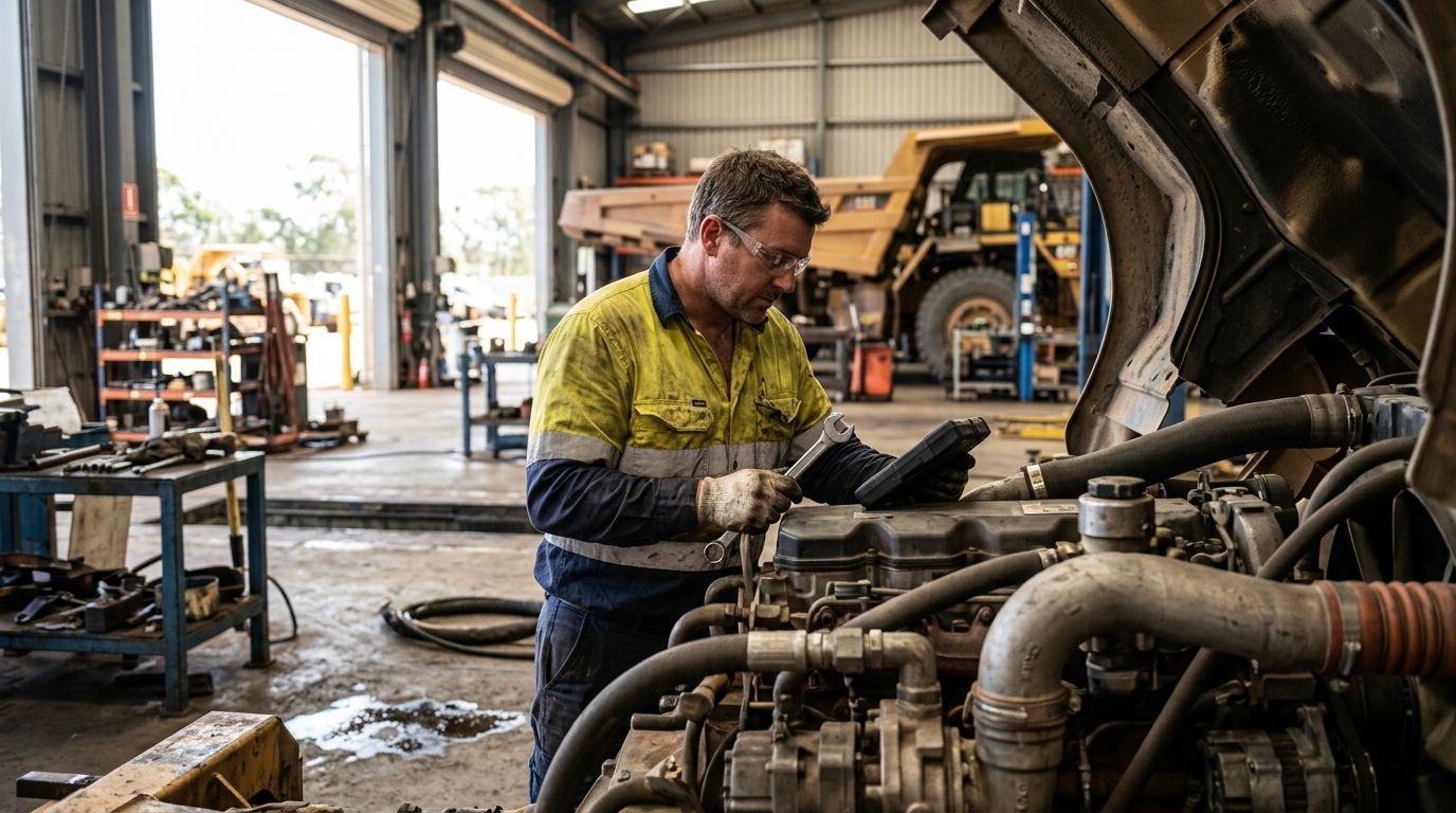 Experienced diesel mechanic inspecting a large industrial haul truck engine in an Australian workshop.