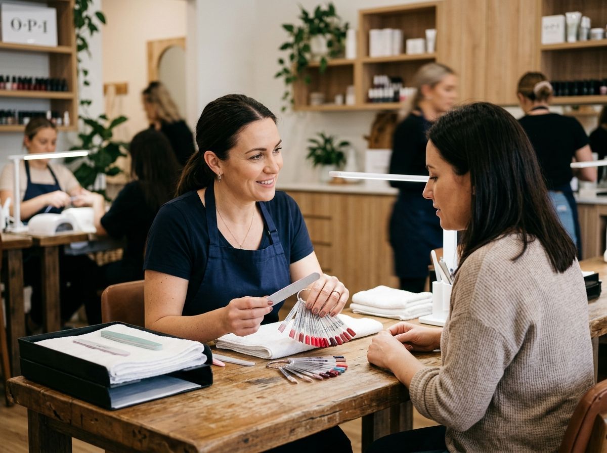 Nail technician consulting with a client over color designs in an Australian salon setting.