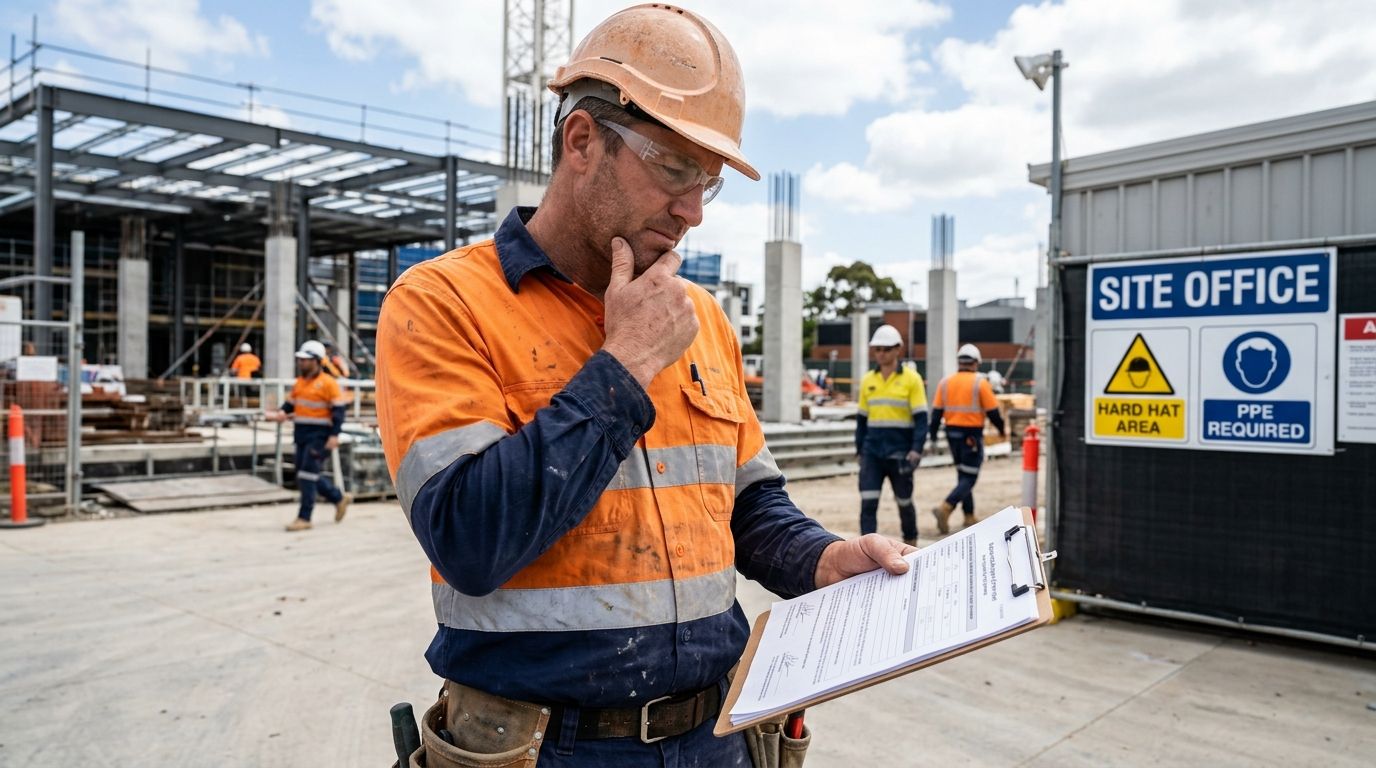 An experienced plumber in hi-vis gear paused at an Australian construction site entrance reviewing paperwork.