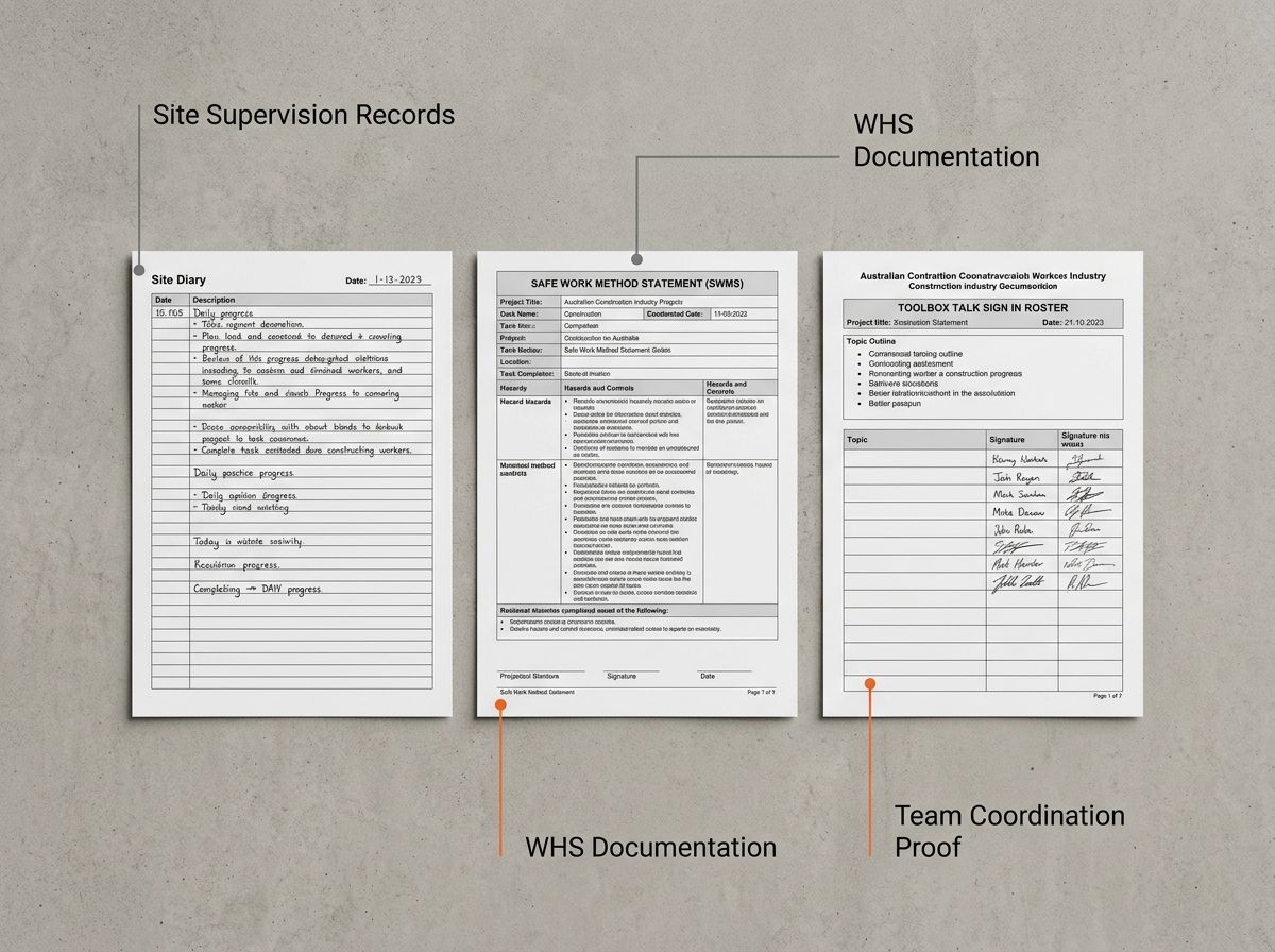 Site diary, SWMS, and toolbox talk records mapped to RPL evidence categories.