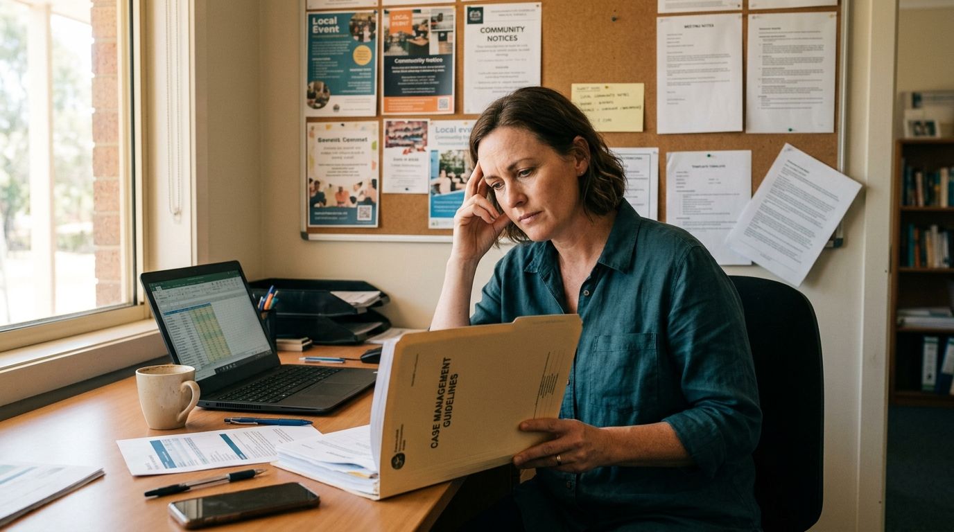 Experienced Australian community services worker reviewing files at her desk in a local community center