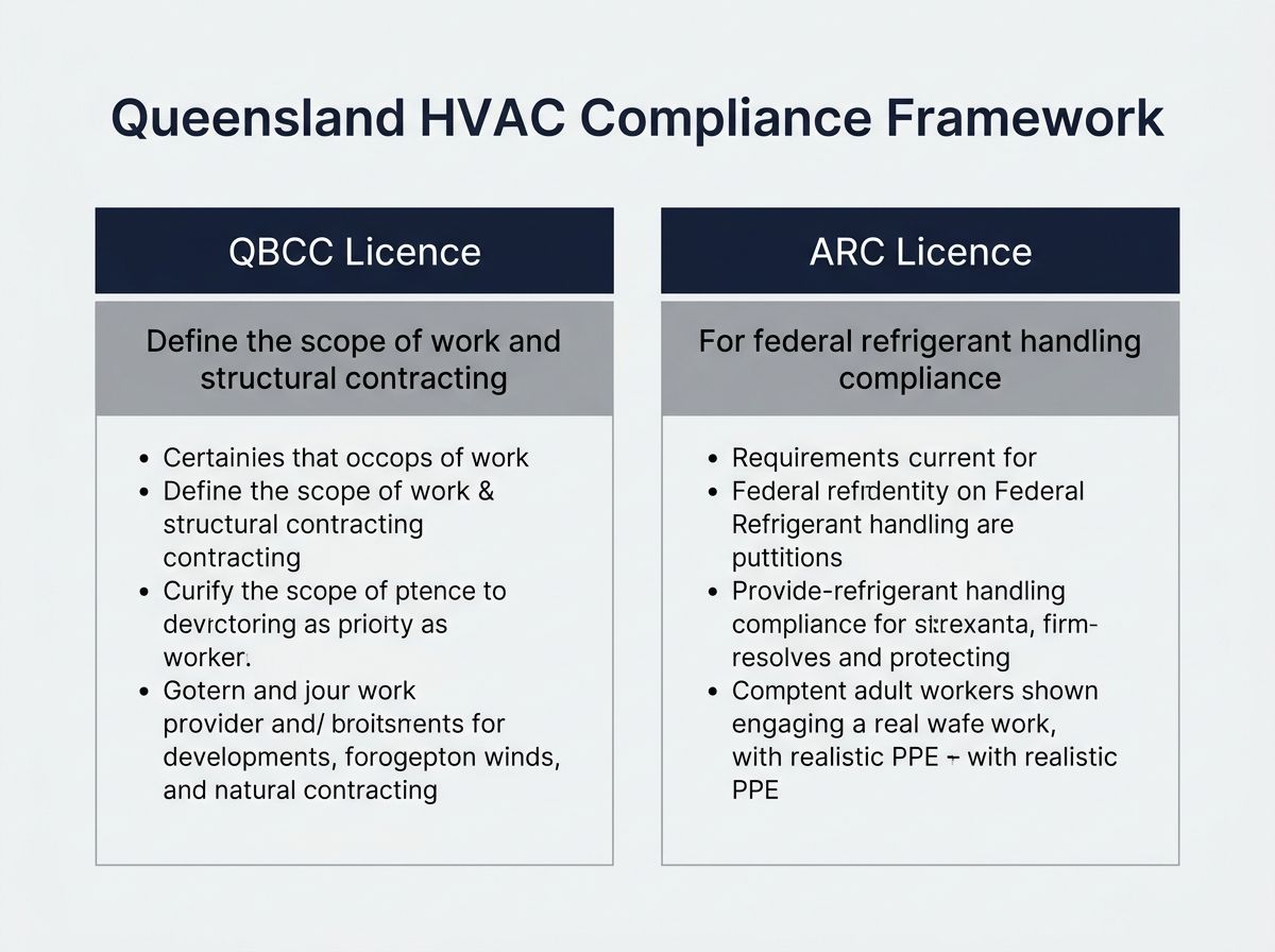 Graphic comparing QBCC Licence classes and ARC Licence requirements for QLD HVAC work.