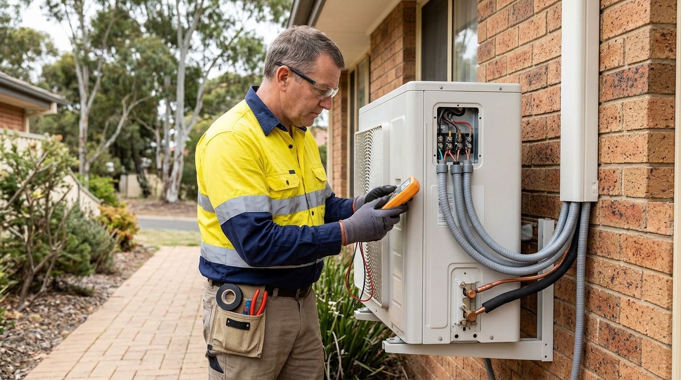 Australian electrician in PPE inspecting the electrical and refrigerant line connections on an outdoor split system unit