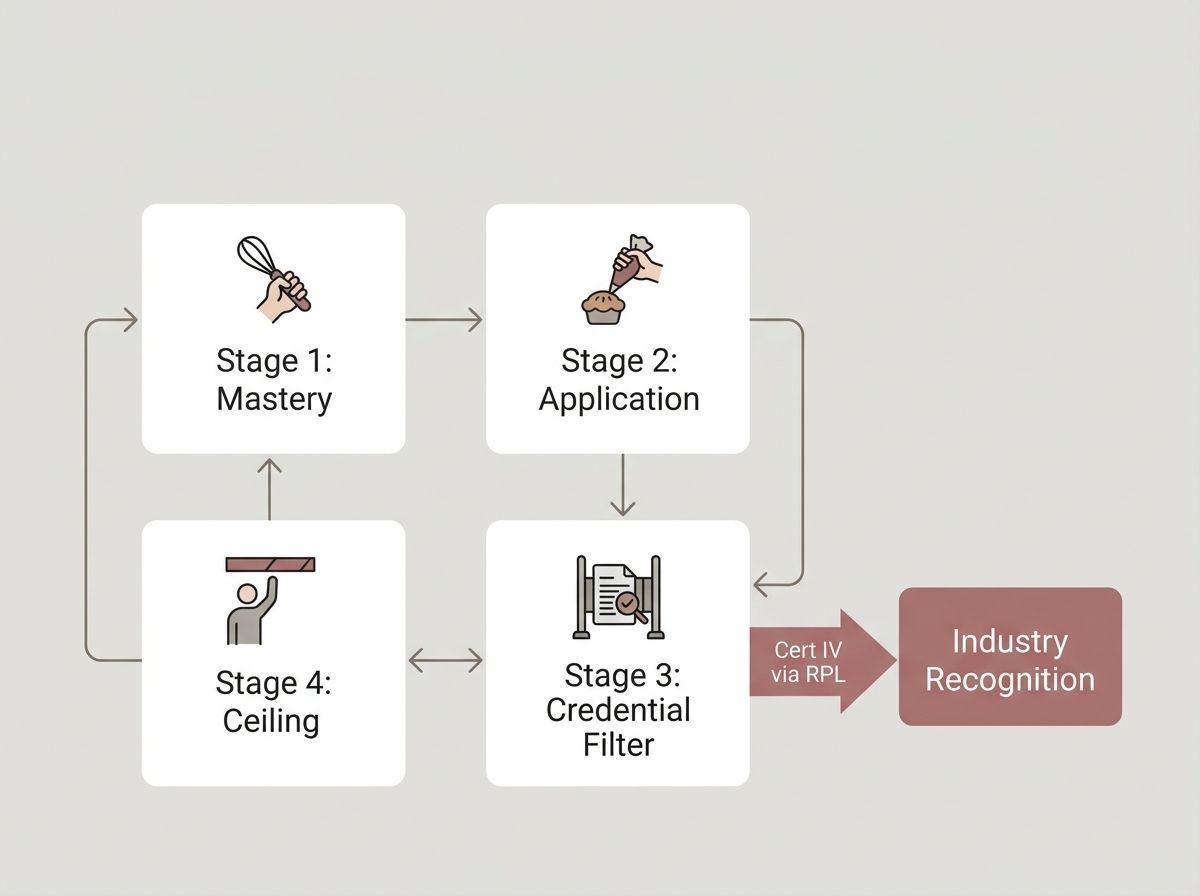 Minimalist diagram of the 4-stage credential filter cycle and how a Cert IV via RPL breaks the loop