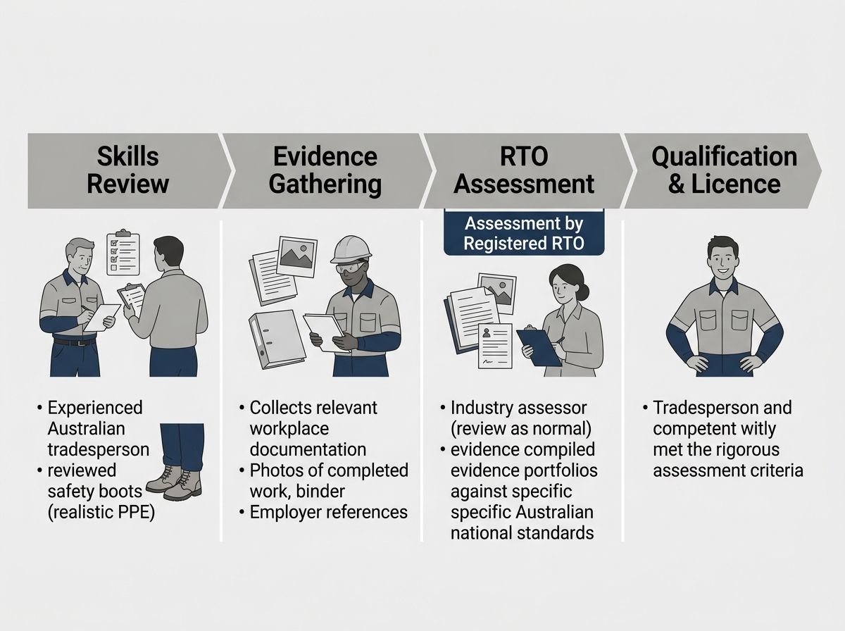 Four-step RPL process diagram for SA employers: skills review, evidence gathering, RTO assessment, and qualification