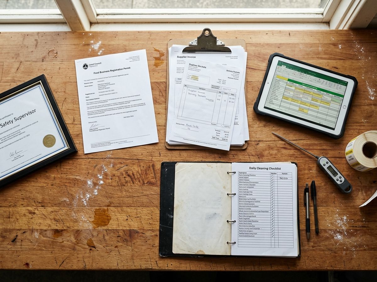 A natural flat-lay of food truck business records, a food safety supervisor certificate, and council permits used as RPL evi…