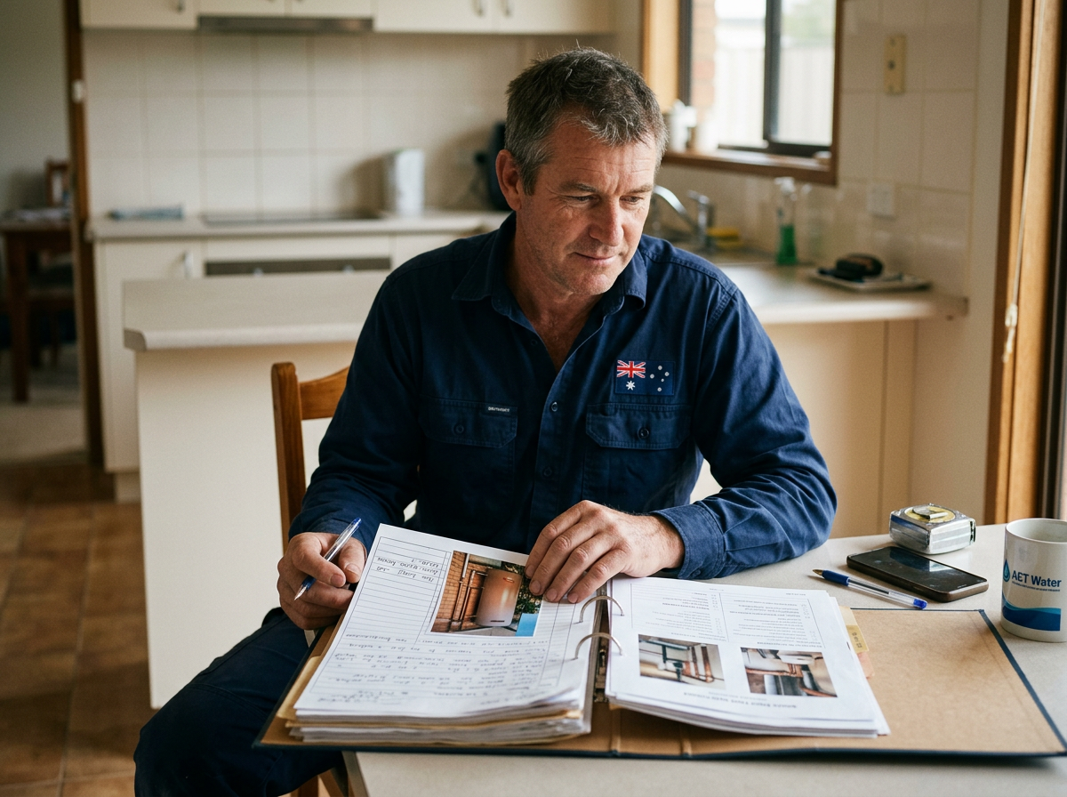 An experienced Australian plumber organizing work records and photos as RPL evidence.