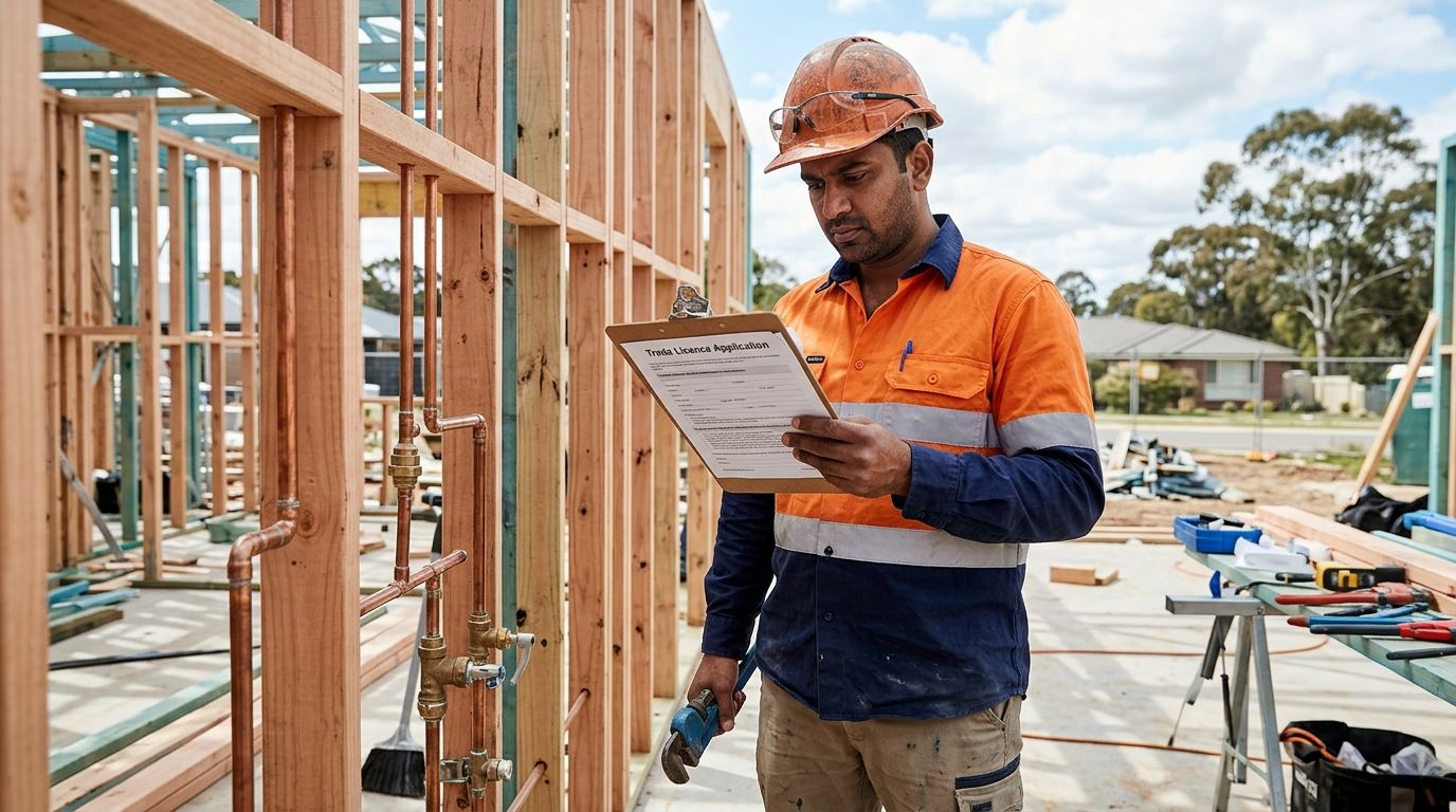 Overseas-trained plumber holding licensing paperwork on an active Canberra construction site