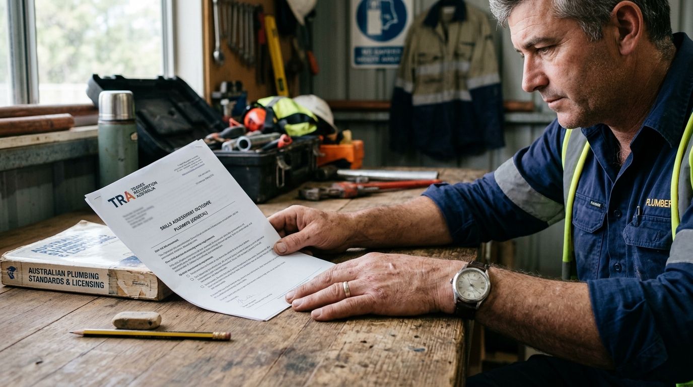An overseas-trained plumber reads a skills assessment letter at a wooden desk with hands resting nearby