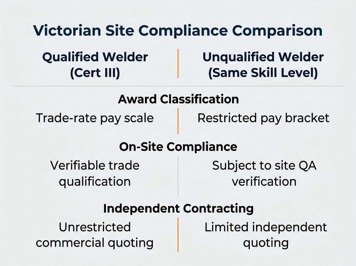 Comparison chart detailing differences in pay, site access, and contracting between qualified and unqualified welders