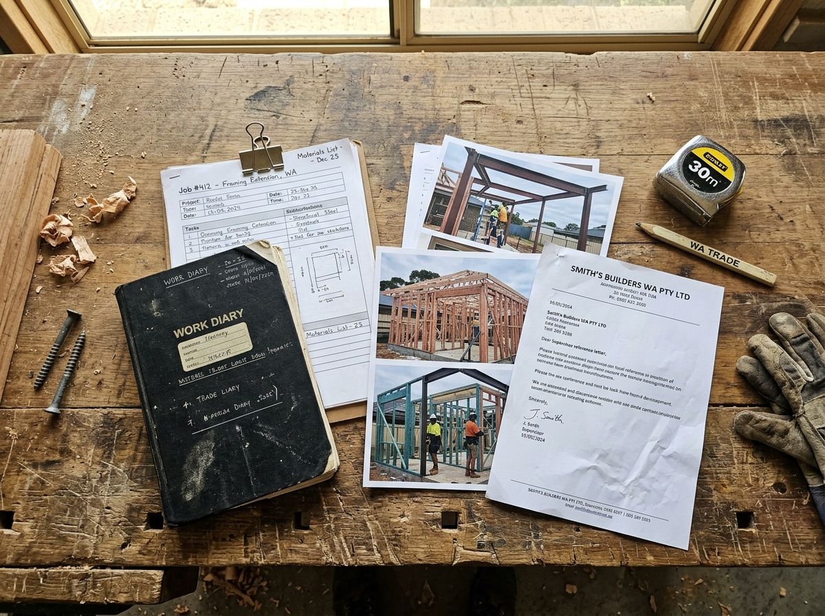 Flat-lay photo of real-world evidence documents like site photos and logbooks for RPL assessment.