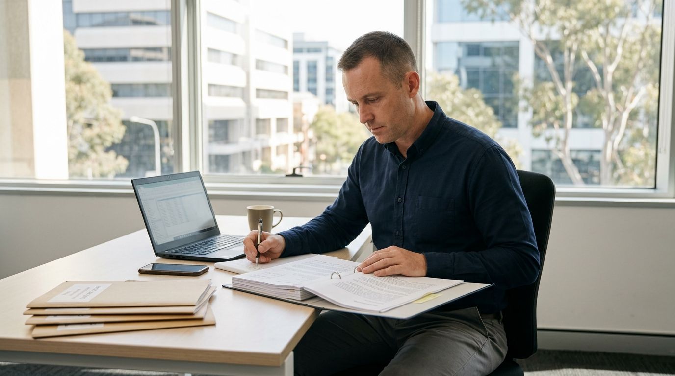 Corporate investigator reviewing case files at a desk — Certificate III in Investigative Services RPL pathway