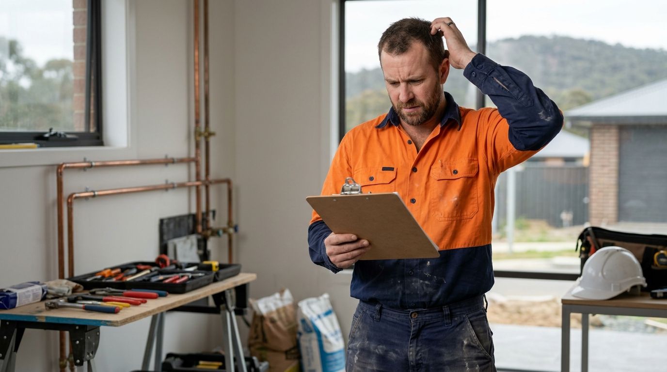 Experienced ACT plumber reviewing licensing paperwork on a job site