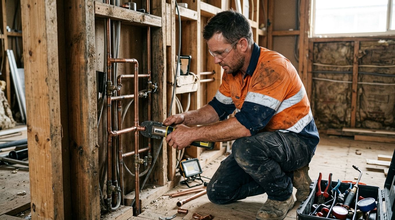 Experienced plumber working on a copper pipe installation, showing hands-on competency.
