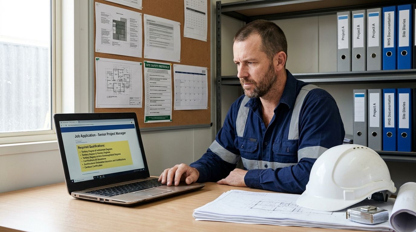 An experienced Australian supervisor in a site office looking at a job posting that requires a formal qualification.